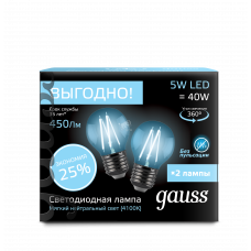 Лампа светодиодная LED 5вт 230в Е27 FILAMENT белый прозрачная шар Gauss ПРОМО (2 лампы в упаковке)