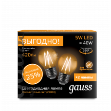 Лампа светодиодная LED 5вт 230в Е27 FILAMENT теплый прозрачная шар Gauss ПРОМО (2 лампы в упаковке)